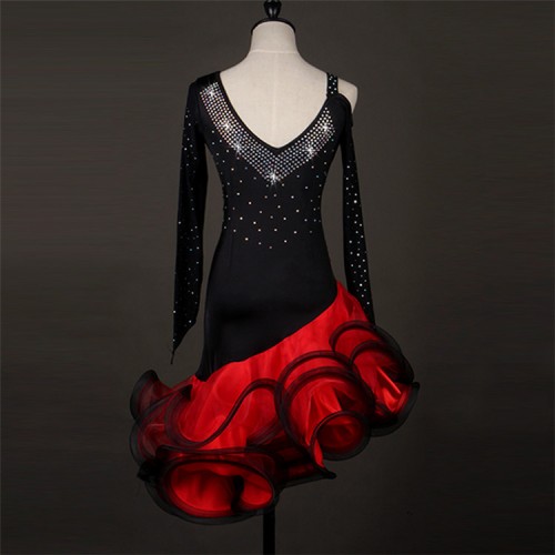 Black and red patchwork long sleeves rhinestones competition stage performance women's ballroom latin salsa dance dresses